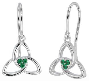 Emerald Silver Celtic Trinity Knot Dangle Earrings