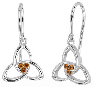 Citrine White Gold Celtic Trinity Knot Dangle Earrings