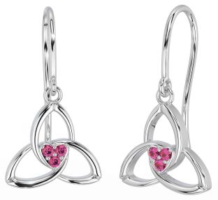 Pink Tourmaline White Gold Celtic Trinity Knot Dangle Earrings