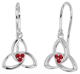 Ruby White Gold Celtic Trinity Knot Dangle Earrings