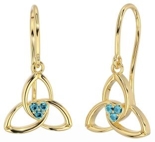 Aquamarine Gold Celtic Trinity Knot Dangle Earrings