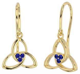 Sapphire Gold Celtic Trinity Knot Dangle Earrings