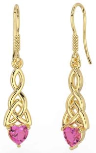 Pink Tourmaline Gold Silver Celtic Trinity Knot Dangle Earrings