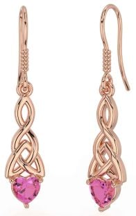 Pink Tourmaline Rose Gold Celtic Trinity Knot Dangle Earrings