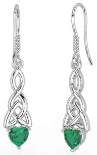 Emerald Silver Celtic Trinity Knot Dangle Earrings