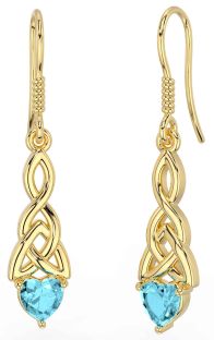 Aquamarine Gold Celtic Trinity Knot Dangle Earrings