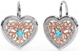 Diamond Aquamarine Rose Gold Silver Celtic Heart Dangle Earrings