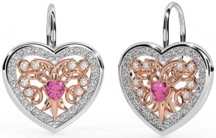 Diamond Pink Tourmaline Rose Gold Silver Celtic Heart Dangle Earrings