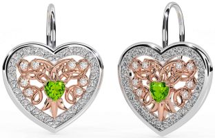 Diamond Peridot Rose Gold Silver Celtic Heart Dangle Earrings