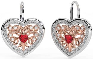 Diamond Ruby Rose Gold Silver Celtic Heart Dangle Earrings