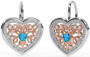 Diamond Topaz Rose Gold Silver Celtic Heart Dangle Earrings