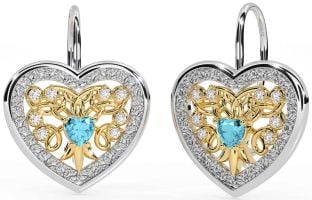 Diamond Aquamarine Gold Silver Celtic Heart Dangle Earrings