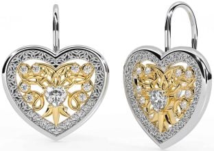 Diamond Gold Silver Celtic Heart Dangle Earrings