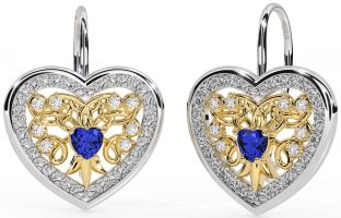 Diamond Sapphire Gold Silver Celtic Heart Dangle Earrings