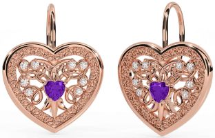 Diamond Amethyst Rose Gold Silver Celtic Heart Dangle Earrings