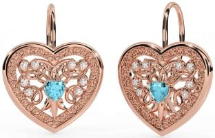 Diamond Aquamarine Rose Gold Silver Celtic Heart Dangle Earrings