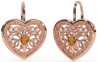 Diamond Citrine Rose Gold Silver Celtic Heart Dangle Earrings