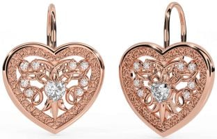 Diamond Rose Gold Silver Celtic Heart Dangle Earrings