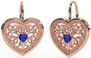 Diamond Sapphire Rose Gold Silver Celtic Heart Dangle Earrings