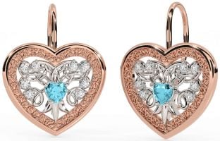 Diamond Aquamarine Rose Gold Silver Celtic Heart Dangle Earrings