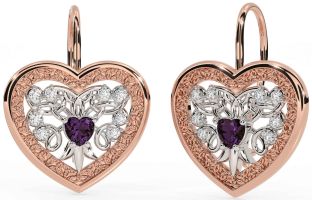 Diamond Alexandrite Rose Gold Silver Celtic Heart Dangle Earrings