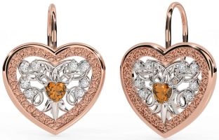 Diamond Citrine Rose Gold Silver Celtic Heart Dangle Earrings