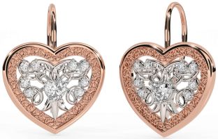 Diamond Rose Gold Silver Celtic Heart Dangle Earrings