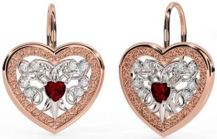 Diamond Garnet Rose Gold Silver Celtic Heart Dangle Earrings