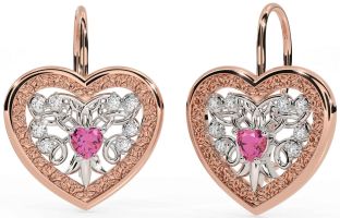 Diamond Pink Tourmaline Rose Gold Silver Celtic Heart Dangle Earrings