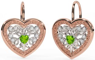 Diamond Peridot Rose Gold Silver Celtic Heart Dangle Earrings