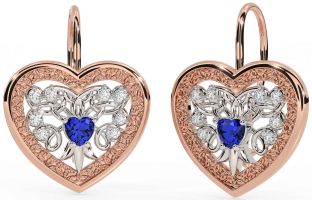 Diamond Sapphire Rose Gold Silver Celtic Heart Dangle Earrings