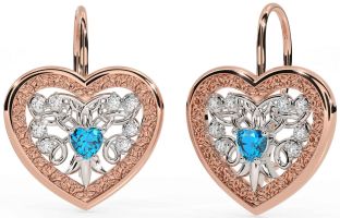 Diamond Topaz Rose Gold Silver Celtic Heart Dangle Earrings