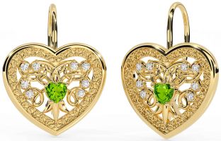 Diamond Peridot Gold Silver Celtic Heart Dangle Earrings