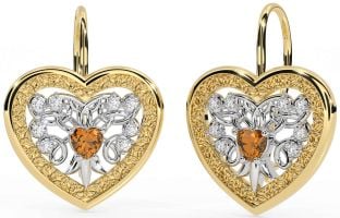 Diamond Citrine Gold Silver Celtic Heart Dangle Earrings