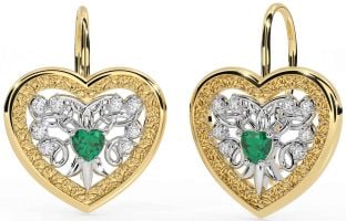 Diamond Emerald Gold Silver Celtic Heart Dangle Earrings