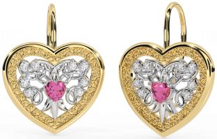 Diamond Pink Tourmaline Gold Silver Celtic Heart Dangle Earrings