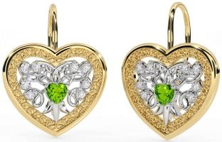 Diamond Peridot Gold Silver Celtic Heart Dangle Earrings