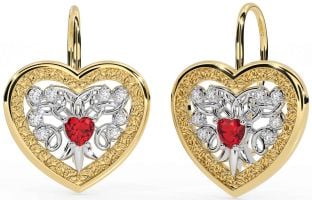 Diamond Ruby Gold Silver Celtic Heart Dangle Earrings