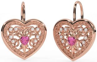 Diamante Rosa turmalina Rosa Oro céltico Corazón Colgar Pendientes