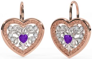 Diamant Amethyst Weiß Rose Gold keltisch Herz Baumeln Ohrringe