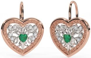 Diamond Emerald White Rose Gold Celtic Heart Dangle Earrings