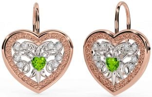 Diamond Peridot White Rose Gold Celtic Heart Dangle Earrings