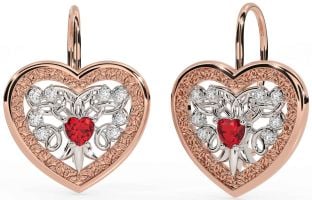 Diamond Ruby White Rose Gold Celtic Heart Dangle Earrings