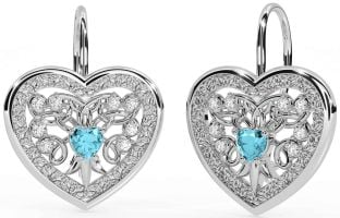 Diamond Aquamarine Silver Celtic Heart Dangle Earrings