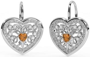 Diamant Citrine Argent celtique Cœur Pendre Des boucles d'oreilles