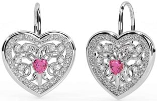 Diamante Rosa turmalina Plata céltico Corazón Colgar Pendientes