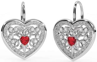 Diamond Ruby Silver Celtic Heart Dangle Earrings