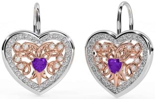 Diamond Amethyst Rose Gold Silver Celtic Heart Dangle Earrings