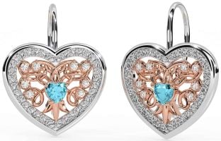 Diamant Aquamarin Rose Gold Silber keltisch Herz Baumeln Ohrringe