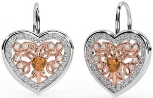 Diamant Citrin Rose Gold Silber keltisch Herz Baumeln Ohrringe